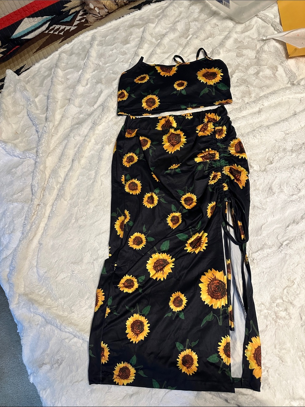 SHEIN Black Sunflower Print Maxi Skirt Set